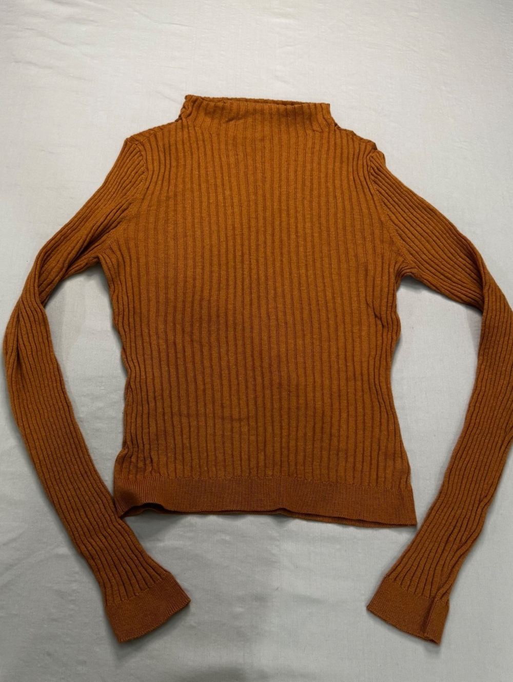 Marled Rust Brown Ribbed Mock Neck Sweater Fitted Stretch Knit S